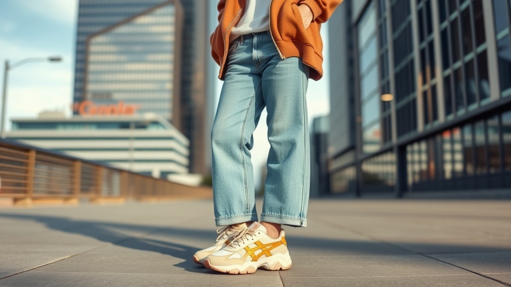 Person wearing wide-leg jeans and chunky sneakers in an urban setting.