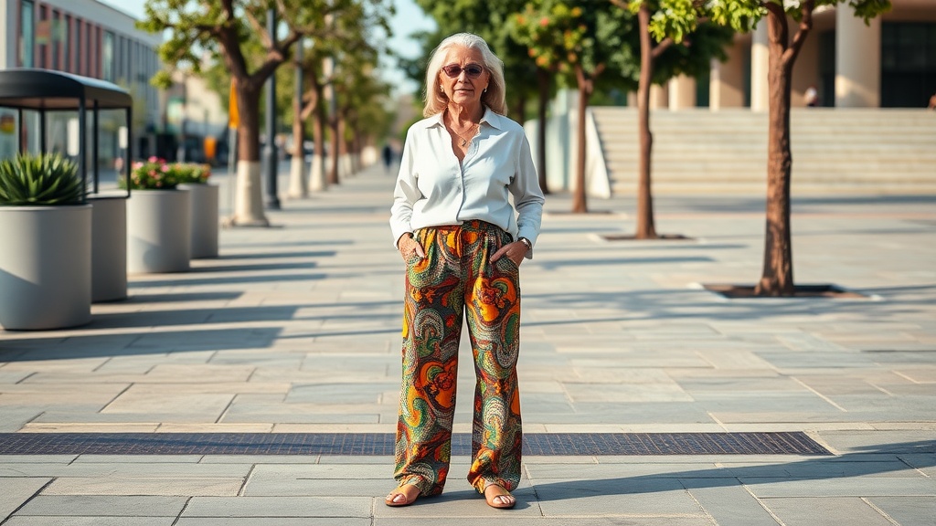 A woman wearing wide-leg trousers with colorful patterns and a white top, standing outdoors.