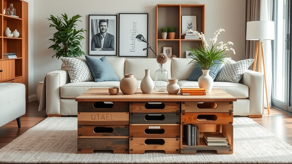A cozy living room featuring a wooden crate coffee table surrounded by a sofa and decorative items.