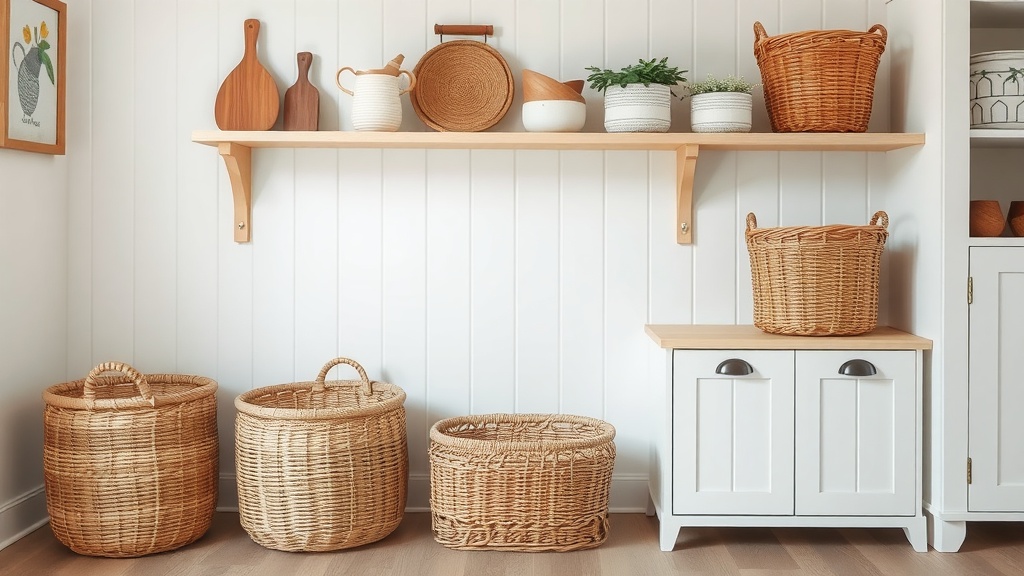 A collection of woven baskets in a stylish home setting, showcasing organization and decor.